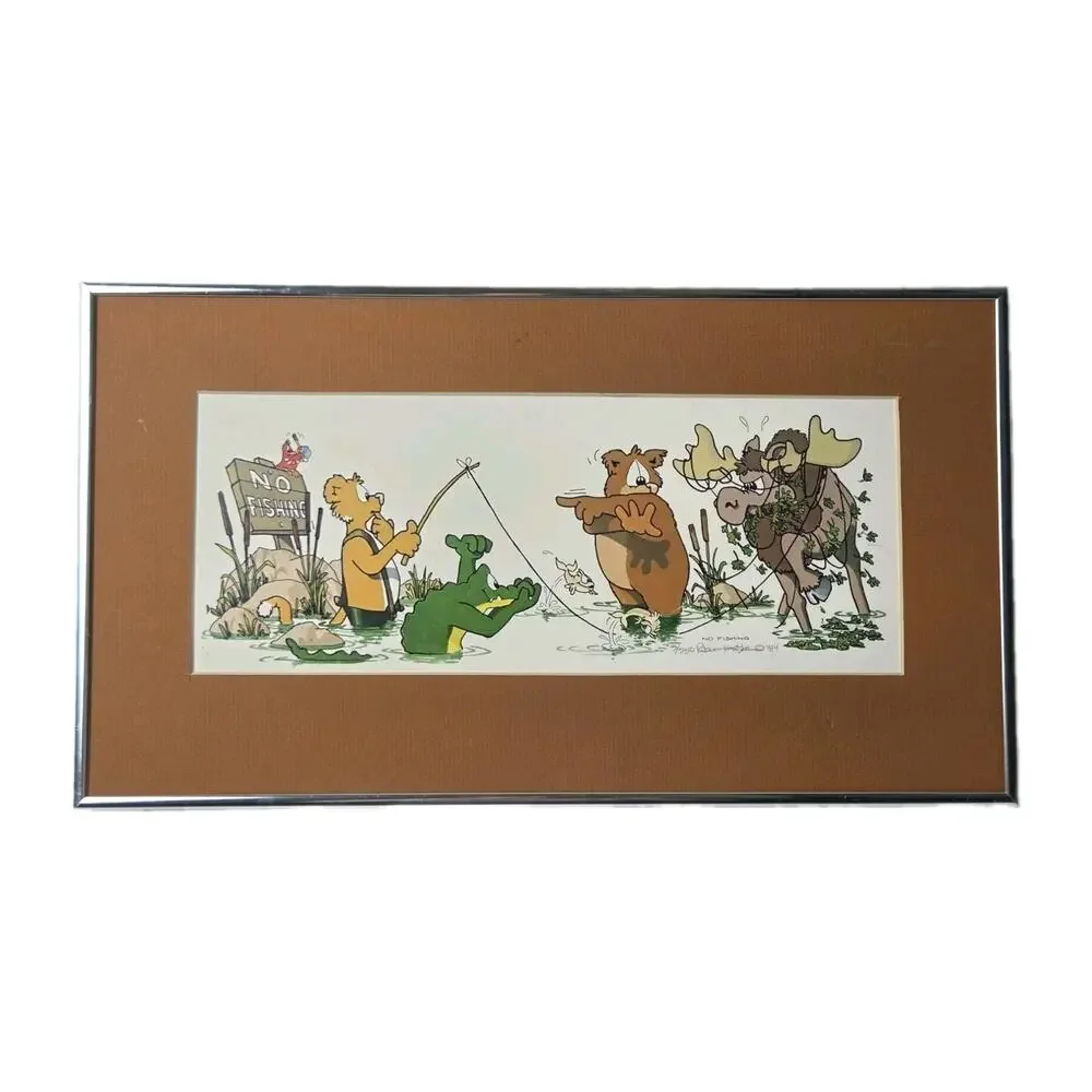 Robert Marble “No Fishing” Signed 1984 PRINT #3 w/ COA Framed 19x11 Cabin Art